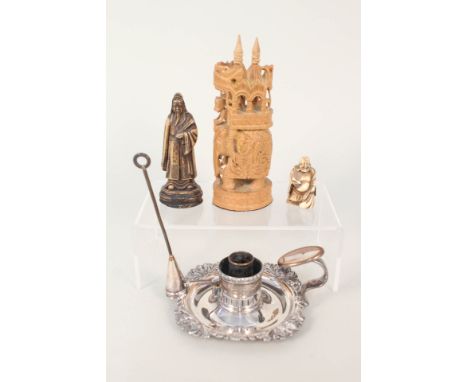 A silver plate on copper chamber stick, Indian elephant carving plus other items