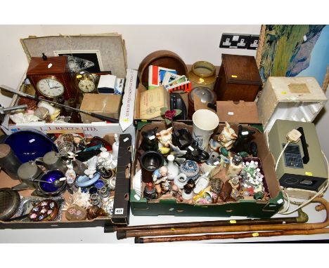 FOUR BOXES AND LOOSE MISCELLANEOUS ITEMS including ceramics, clocks, metalware, treen, smokers cabinet, thimbles, Halinamat s