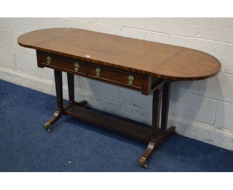 A REPORDUCTION MAHOGANY AND CROSSBANDED SOFA TABLE, with rounded drop ends, two frieze drawers, twin square tapering supports