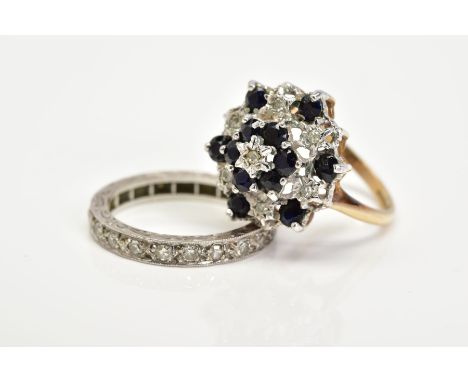 TWO GEM SET RINGS, the first of cluster design set with circular cut sapphires and single cut diamonds, tapered shoulders and