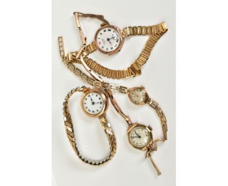 FOUR LADY'S GOLD WRISTWATCHES, one with a white dial roman numerals with subsidiary dial at 6 o'clock, dial signed H. Stone L