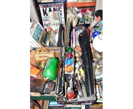 FOUR BOXES AND LOOSE SUNDRY ITEMS to include a Yamaha PSS-140 keyboard, Tandy disco lights, Riley pool cue with an unbranded 