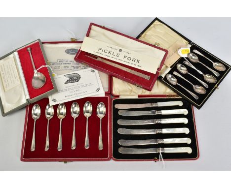 FIVE CASES OF SILVER CUTLERY/FLATWARE, comprising a set of six mother of pearl pistol handled tea knives with silver blades, 