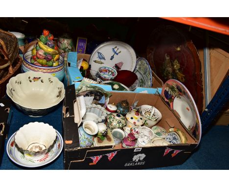 TWO BOXES OF CERAMICS AND LOOSE etc, to include Minton trinket dishes, Royal Worcester 'Time' candle, Spode lidded pot, Minto