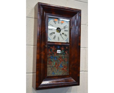 A 19TH CENTURY FLAME MAHOGANY RECTANGULAR AMERICAN WALL CLOCK, width 39cm x height 66cm