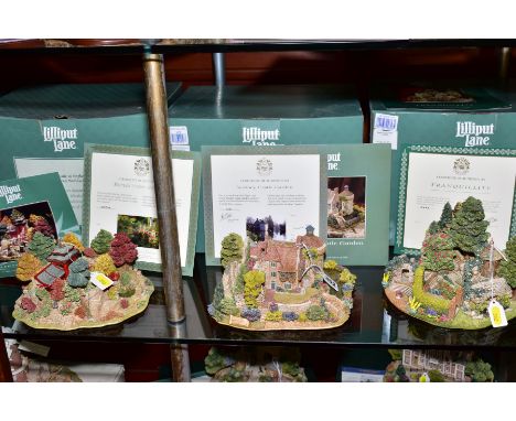 THREE BOXED LIMITED EDITION LILLIPUT LANE SCULPTURES, 'Scotney Castle Garden' No 0137/4500 with certificate and leaflet, 'Ref
