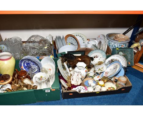 FOUR BOXES AND LOOSE OF CERAMICS, GLASS etc, to include Royal Crown Derby 'Posie' bowl with wavy rim, Spode 'Chandelier' patt