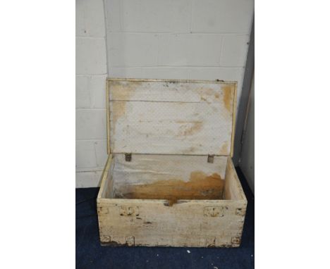A VINTAGE PINE BOX with steel banded edges and lock faces (no locks) and steel drop handles to each end
