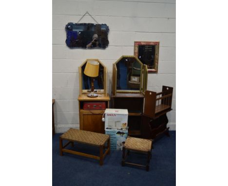 A QUANTITY OF OCCASIONAL FURNITURE, to include an oak pot cupboard, pine open bookcase, two cane stools, two triple dressing 