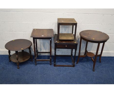 FIVE VARIOUS PIECES OF OCCASIONAL FURNITURE, to include an oak single drawer lamp table, early 20th Century square oak occasi