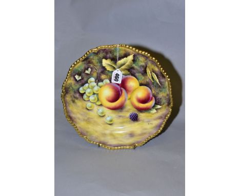 A ROYAL WORCESTER CABINET PLATE HAND PAINTED WITH A FRUIT STUDY, silver shape plate with moulded gadrooned rim, signed B.Cox,