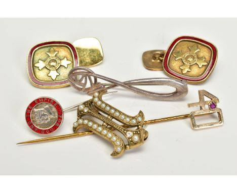 A SELECTION OF ITEMS, to include a yellow metal '40th' hat pin set with a single ruby, stamped 9ct, a silver hat pin 'For God