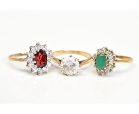 THREE 9CT GOLD GEM SET RINGS, the first designed as a cluster set with a central oval cut green stone assessed as chrysoprase