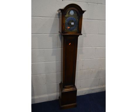 A LATE 20TH CENTURY OAK GRANDDAUGHTER CLOCK, with a 6'' brass and silvered tempus fugit dial, height 168cm (pendulum and case