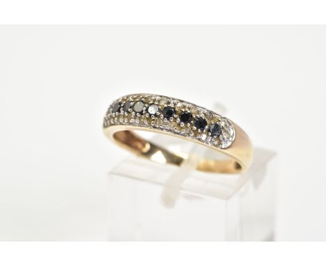 A 9CT GOLD HALF HOOP DIAMOND RING, designed with a central row of brilliant cut black diamonds, with two row of single cut di