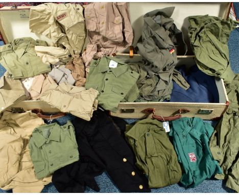 TWO MILITARY STYLE WWII SUITCASES FULL OF MILITARY UNIFORMS, mainly Army shirts, British/US olive drab/sand etc also WVS etc,