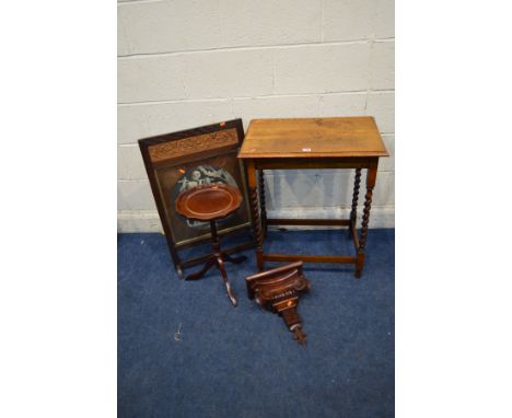 AN EARLY TO MID 20TH CENTURY OAK BARLEY TWIST OCCASIONAL TABLE, together with a mahogany scrolled wall bracket/shelf, oak fra