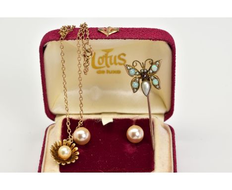 A SELECTION OF ITEMS, to include a pair of 9ct gold non-pierced earrings, each set with a single imitation pearl, with a 9ct 