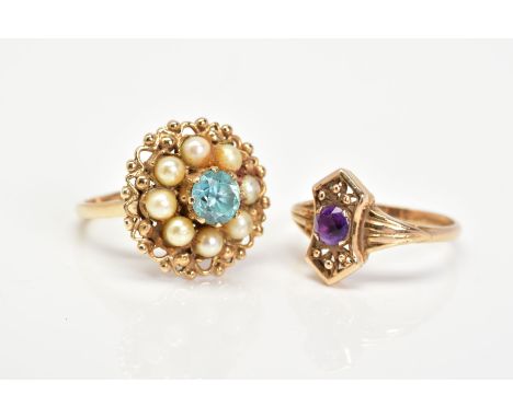 TWO 9CT GOLD GEM SET RINGS, the first of cluster design set with a central circular blue stone assessed as topaz, with a cult