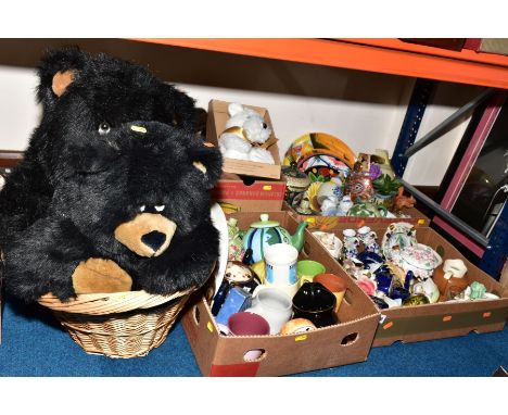 FOUR BOXES AND A BASKET OF MISCELLANEOUS CERAMICS, SOFT TOYS, etc, including novelty tea pots, modern teddy bears, plates, se