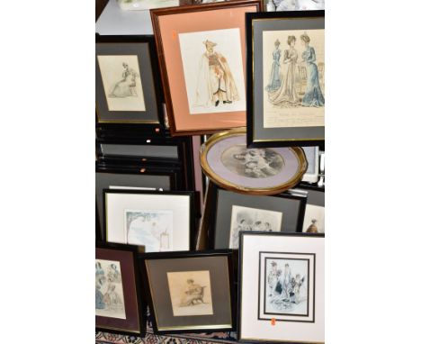 TWENTY FRAMED ILLUSTRATIONS OF LADIES FASHION, including wedding dresses from Victorian to 1920's, together with a framed pri