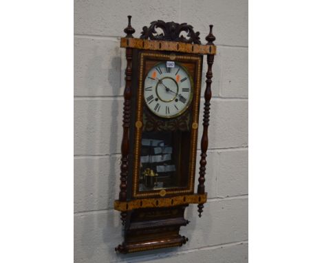A 19TH CENTURY ROSEWOOD AND GEOMETRIC INLAID WALL CLOCK, enamel dial with brass bezel, roman numerals, height 92cm (winding k