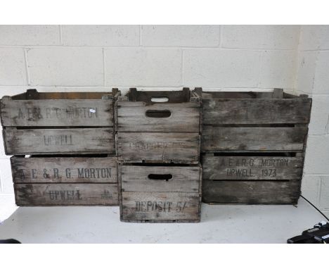 SIX VINTAGE WOODEN CRATES with five bearing the name A E &amp; R G Morton, Upwell 1973, the final one is very faint and may r