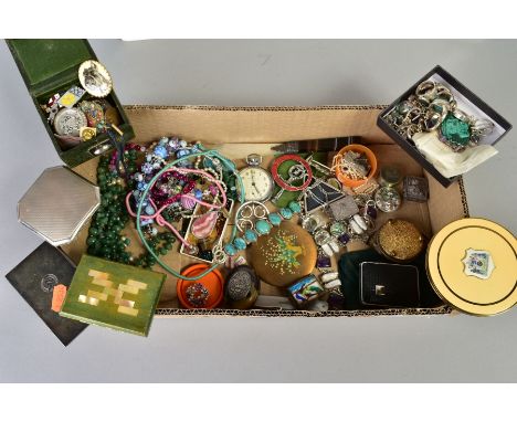A BOX OF ITEMS, to include various costume jewellery, such as quartz beaded necklaces, brooches, a charm bracelet, cufflinks,