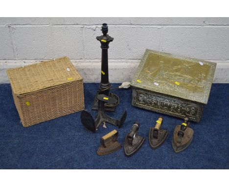 A COPPER SLIPPER BOX, together with a metal column table lamp, four vintage irons, triple shoe last, etc (8)