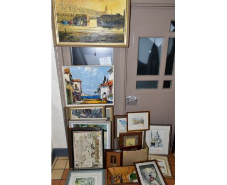 PAINTINGS AND PRINTS ETC, to include a Continental harbour scene, signed Menard, oil on canvas - 20th Century, approximate si