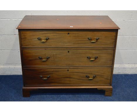 A GEORGIAN MAHOGANY CHEST OF THREE GRADUATED DRAWERS, with brass swan neck handles, on bracket feet, width 112cm x depth 58cm
