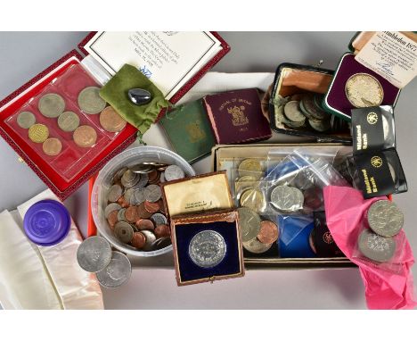 A BOX OF COINS AND COMMEMORATIVES, to include a Garrard and Co Silver Wimbledon Tennis Championship 1877-1977 with Certificat