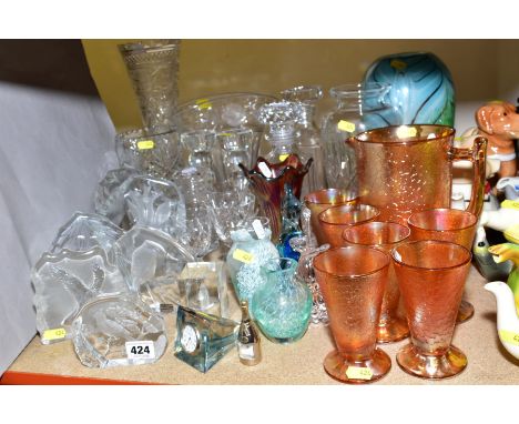 A GROUP OF GLASSWARE including a Carnival glass lemonade set, cut glass vases and wine glasses, two square decanters, Mats Jo