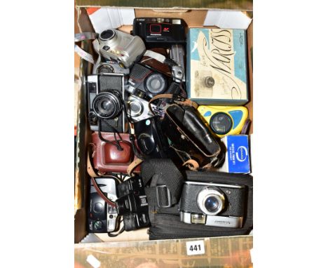 A TRAY CONTAINING VINTAGE AND MODERN FILM AND DIGITAL CAMERAS including Taron Marquis, a Voigtlander Vito C, an Olympus Umju,