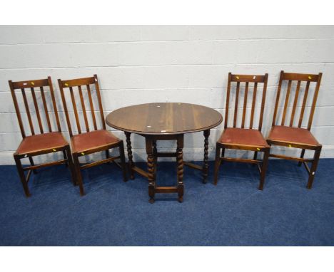 A SMALL EARLY 20TH CENTURY OAK BARLEY TWIST OVAL TOPPED GATE LEG TABLE, open width 103cm x closed 37cm x depth 74cm x height 