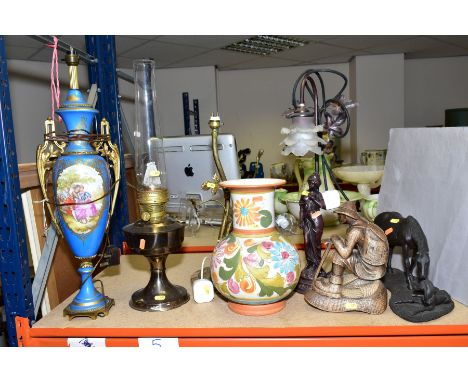 THREE ORNATE TABLE LAMPS, BRASS BASED OIL LAMP etc, including a turquoise twin handled lamp decorated with a courting couple,