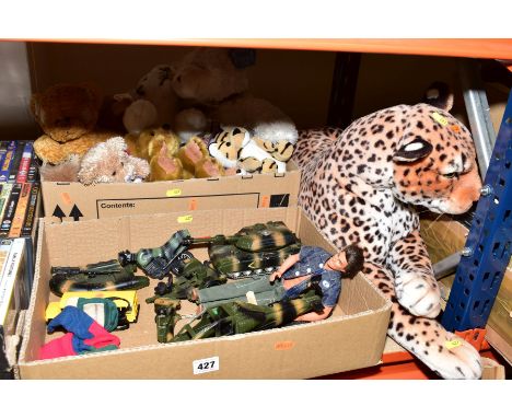 TWO BOXES AND LOOSE SOFT TOYS, etc to include a leopard, approximate length 70cm, Cuddle Ups Bear, Top Toys Bear, Russ Berrie