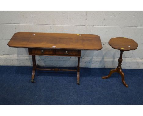 A SMALL REPRODUCTION MAHOGANY SOFA TABLE with two drawers, width 65cm x depth 40cm, height 52cm together with an oak wavy top