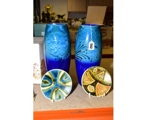 A PAIR OF ALAN CLARKE POTTERY BALUSTER VASE, shaded blue ground with incised foliate decoration, printed and painted marks, h