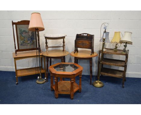 A QUANTITY OF VARIOUS OCCASIONAL FURNITURE, to include a modern oak magazine rack, two pub tables, oak teak trolley, another 