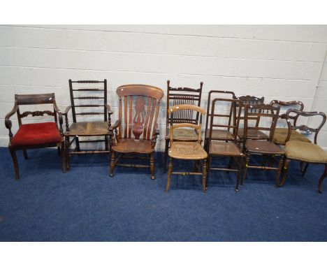 A QUANTITY OF VARIOUS VINTAGE/PERIOD CHAIRS, to include Victorian Windsor armchair, Georgian rush seated elbow chair, etc (11