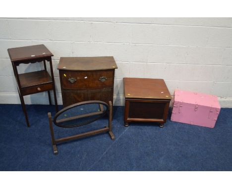 A GEORGIAN MAHOGANY WASHSTAND with a single drawer, together with a Victorian commode and a Georgian chest commode, an oak ov