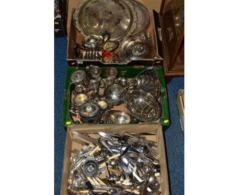 THREE BOXES OF SILVER PLATE, including loose cutlery and flatware, trays candlesticks and candelabrum, two piece tea set, cig