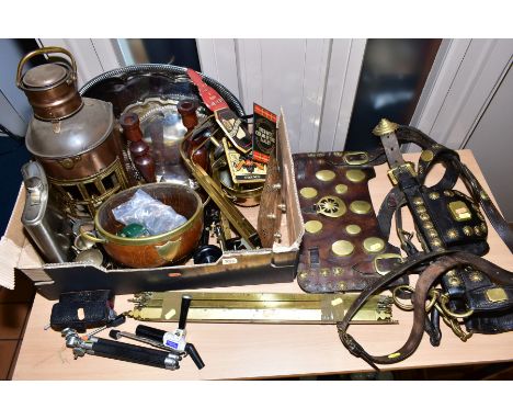 A BOX AND LOOSE METALWARE, SUNDRIES etc, to include horse harness, brass stair rods, copper lantern converted to electric, tr