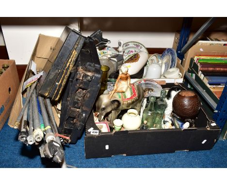 THREE BOXES OF CERAMICS AND GLASS, etc to include a carved coconut shell, Wade cottages, Scandanavian glass bamboo vase, Bret