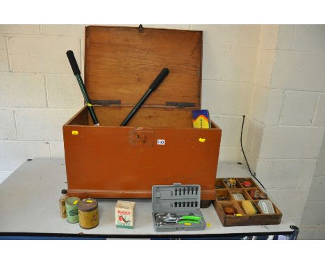 A VINTAGE PAINTED PINE TOOLBOX and contents including auger bits, tree loppers, hole punch etc and some vintage foodstuff pac