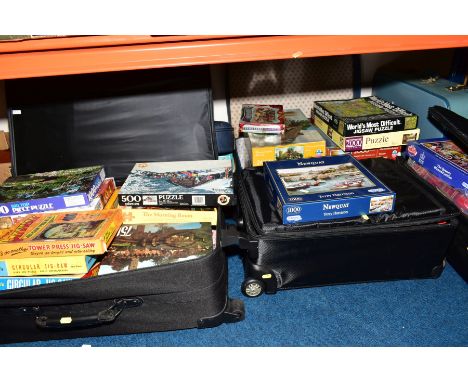 FIVE SUITCASES CONTAINING BOXED JIGSAW, PUZZLES including Waddington's, Gibsons, Arrow Games, Falcon, etc, mid to late 20th C