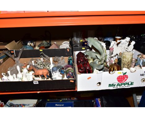 FOUR BOXES OF CERAMICS AND GLASS, etc to include a collection of novelty ceramic bells including Coalport, Hammersley, Crown 