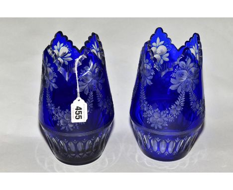 A PAIR OF CONTINENTAL OVERLAID GLASS VASES, possibly Bohemian, fruit and swag engraved decoration, approximate height 21cm, o