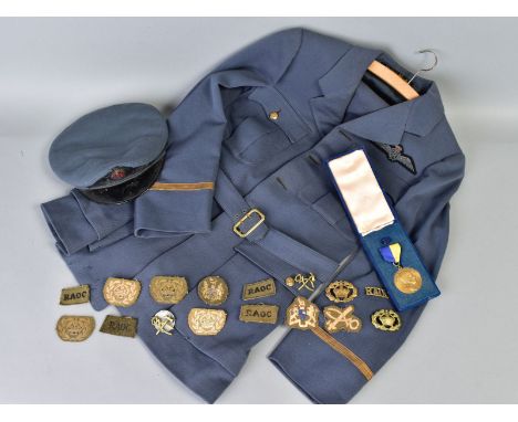 A COMPLETE RAF OFFICERS UNIFORM, WWII/post period jackets, trousers and visor cap, together with a box of WWII era shoulder a
